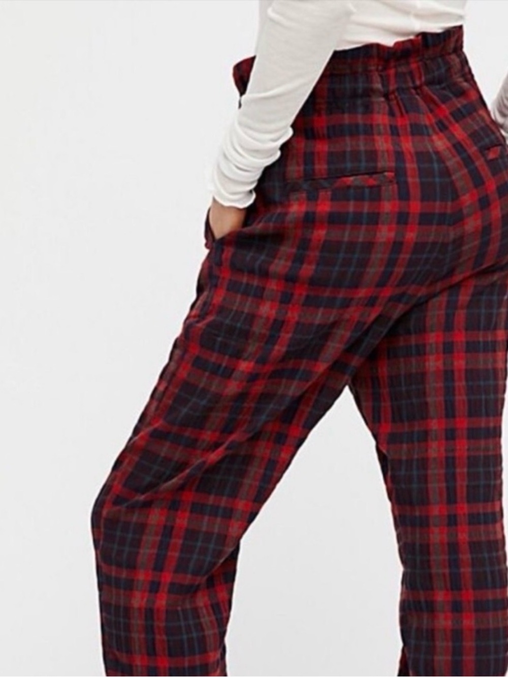 Free People Here and There Plaid Tartan Paperbag Pants Size 10 - Picture 3 of 5